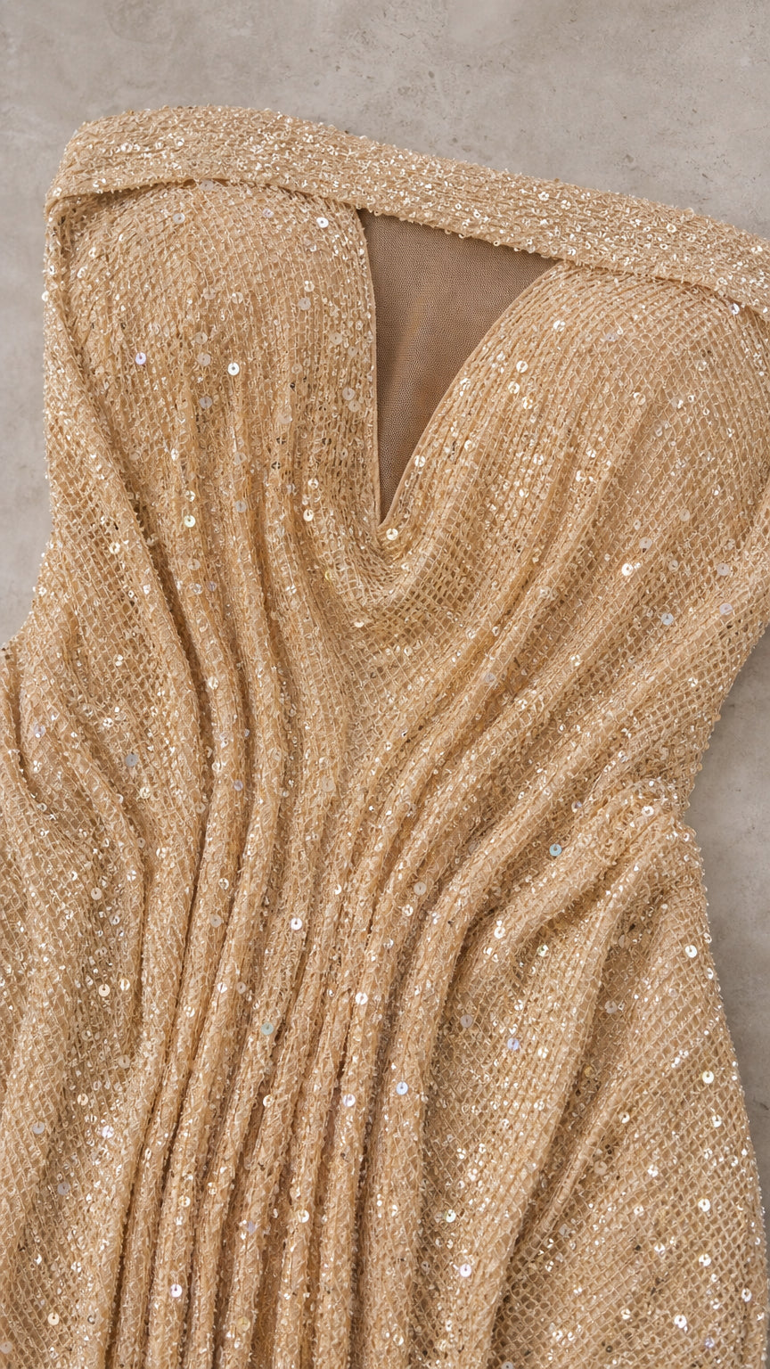 Strapless Sequin Pleated Illusion Cutout Evening Gown with High Slit