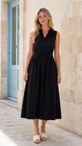 Women's Sleeveless Ruffle Neck Smocked Waist Midi Dress