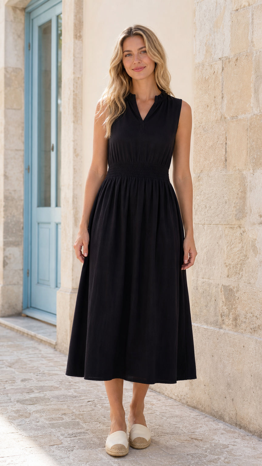Women's Sleeveless Ruffle Neck Smocked Waist Midi Dress