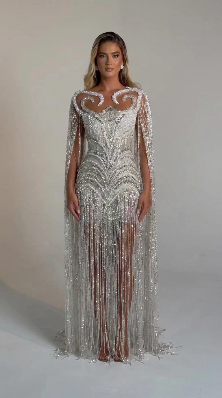 Luminous Beaded Fringe Cape Evening Gown