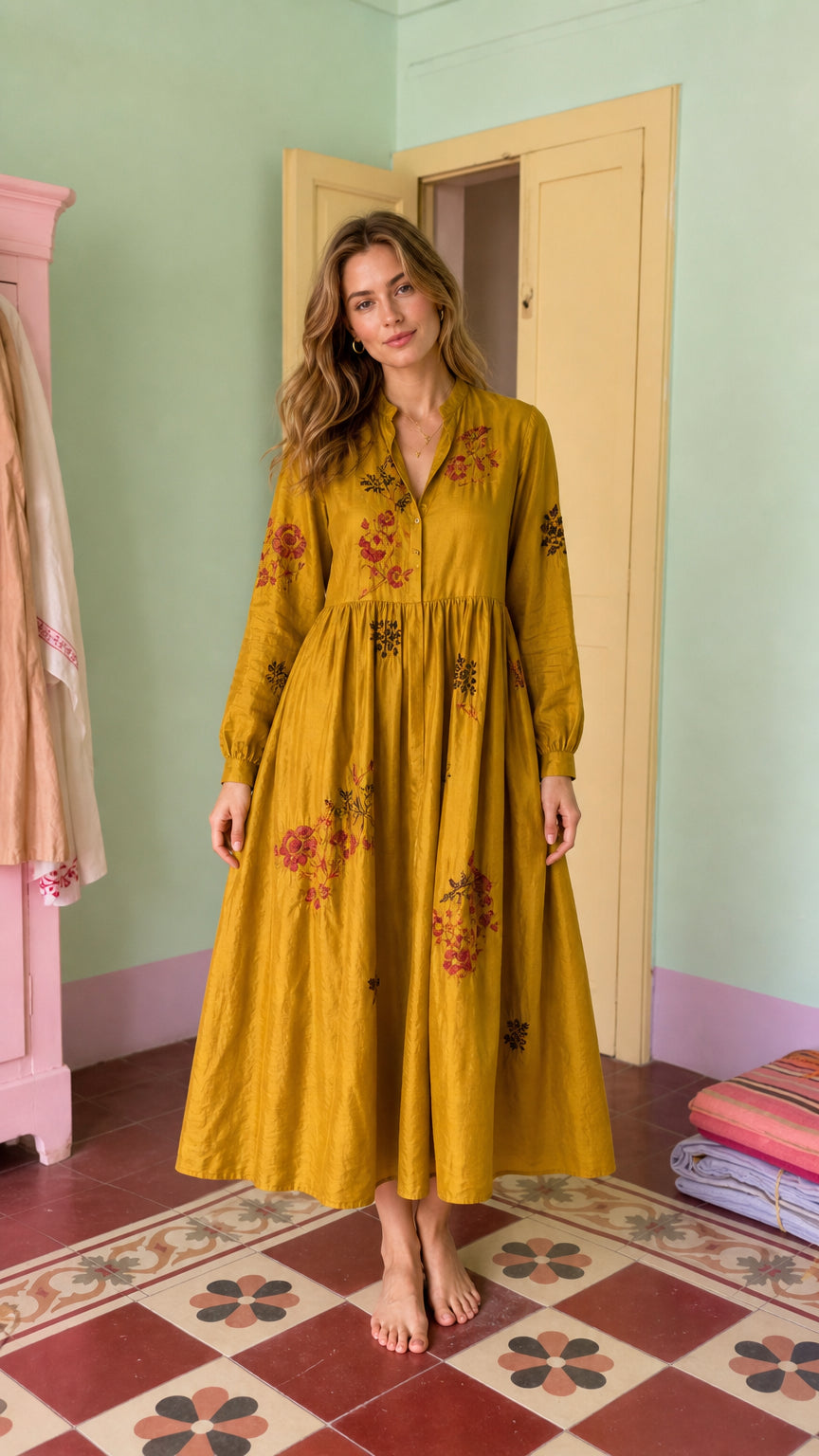 Women's Long-Sleeve Embroidered Midi Dress with Button Front