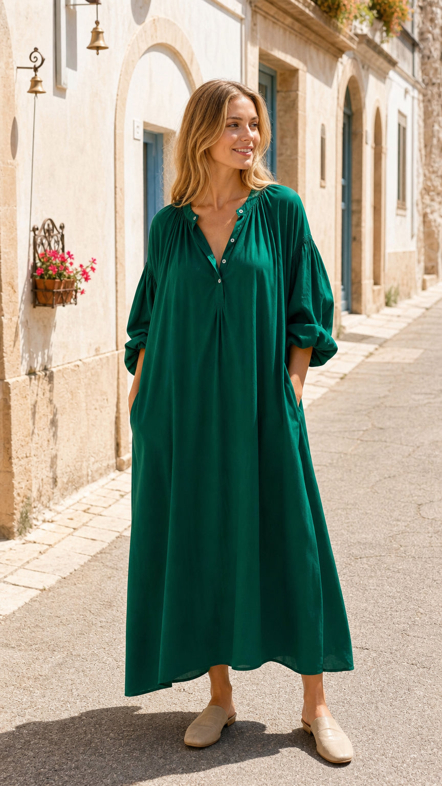 Women's Long-Sleeve Button-Front Relaxed Maxi Dress with Pockets
