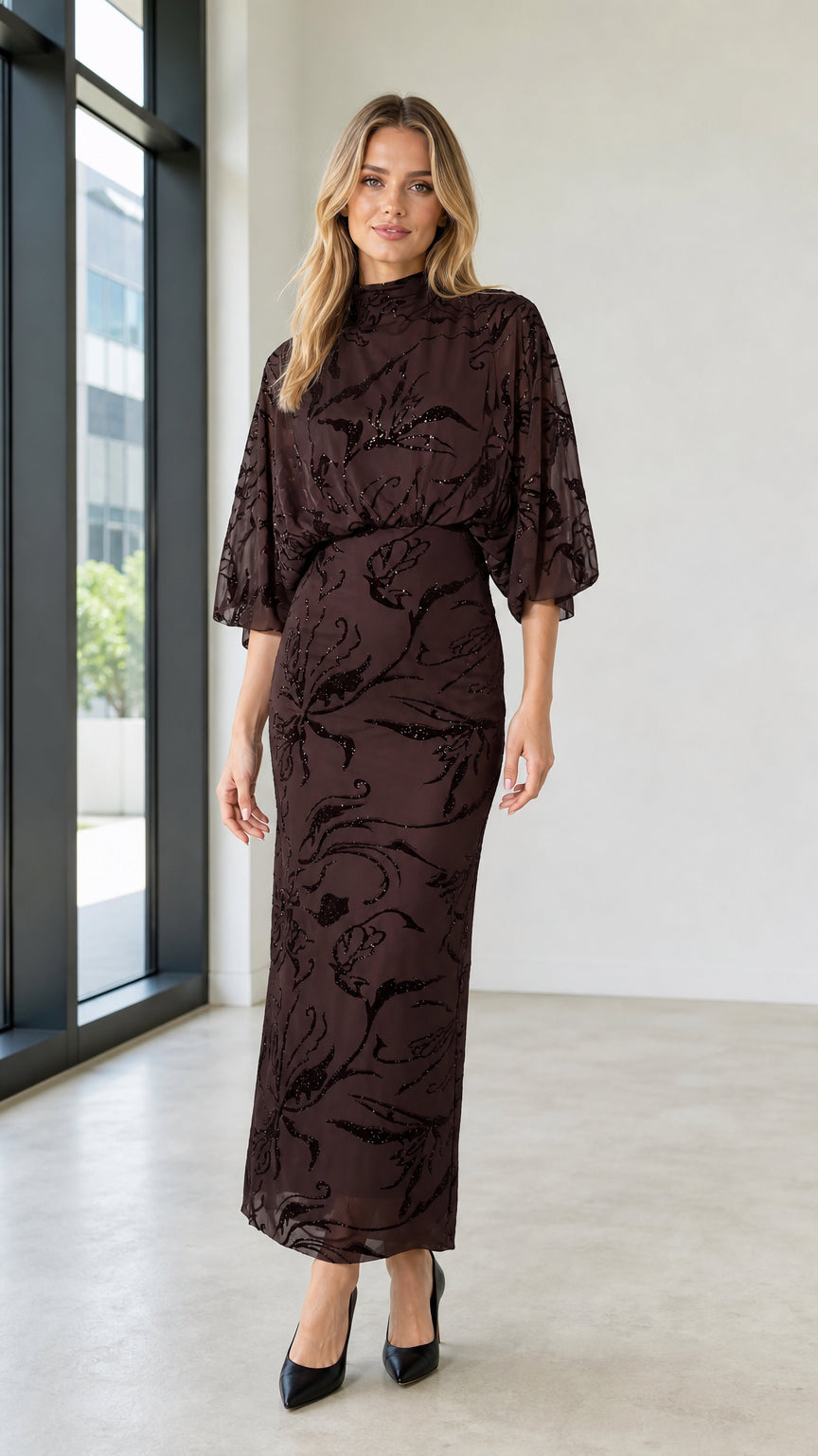 Elegant Mock Neck Sequin Floral Maxi Dress