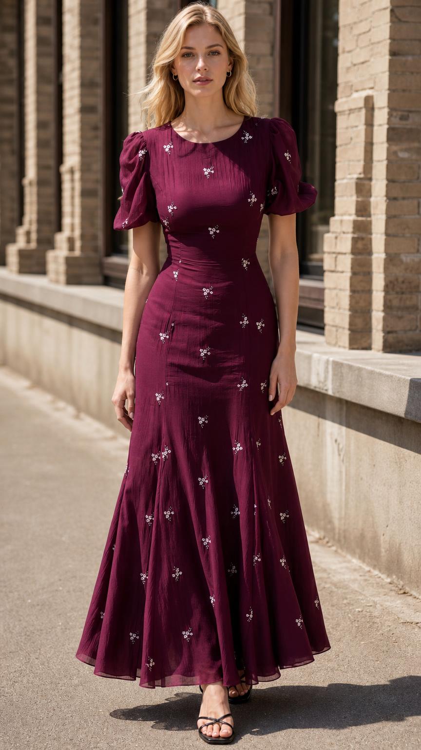 Women's Floral Embroidered Puff Sleeve A-Line Maxi Dress
