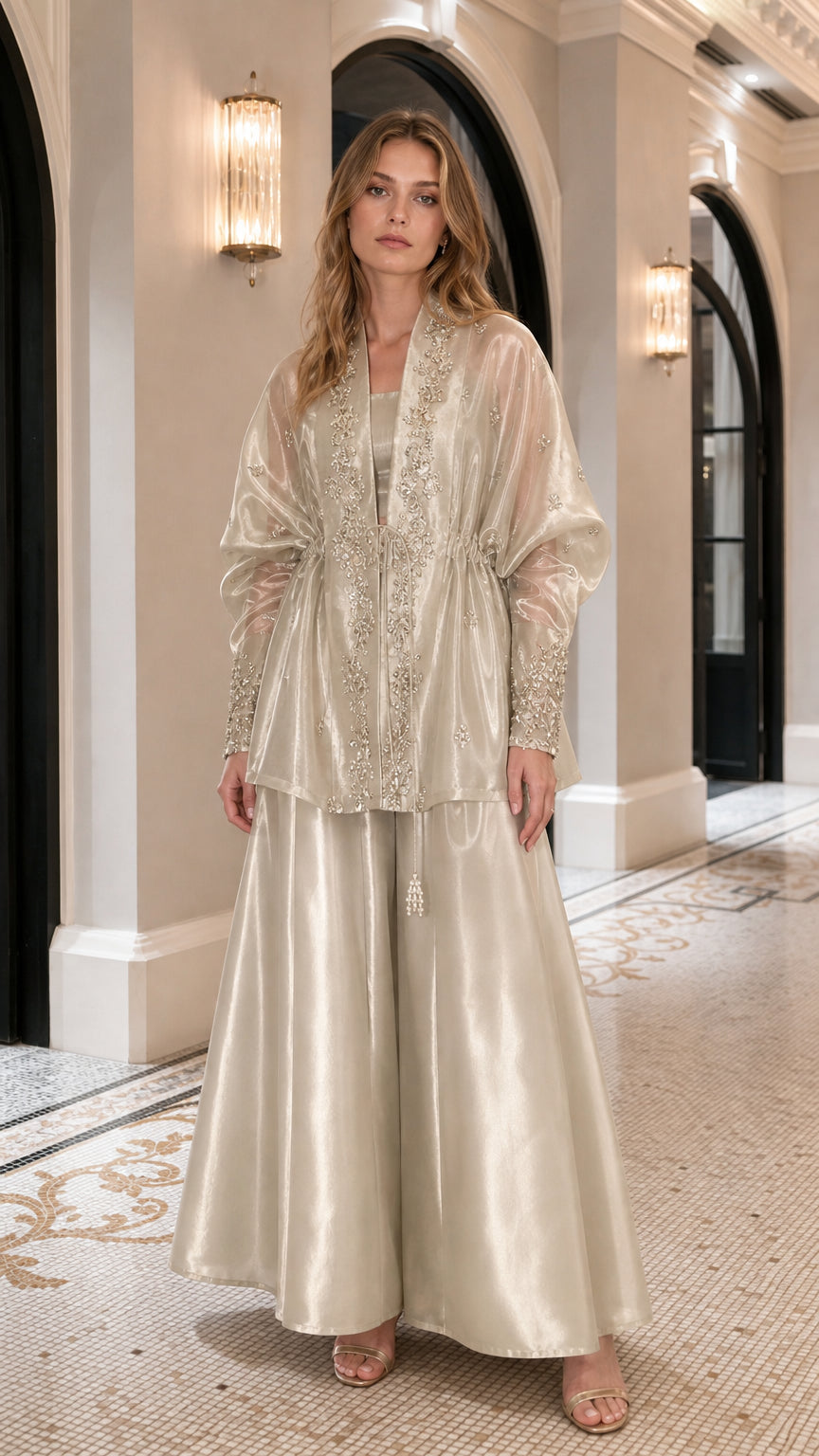 Embroidered Metallic Sheer Overcoat and Wide-Leg Pants Set
