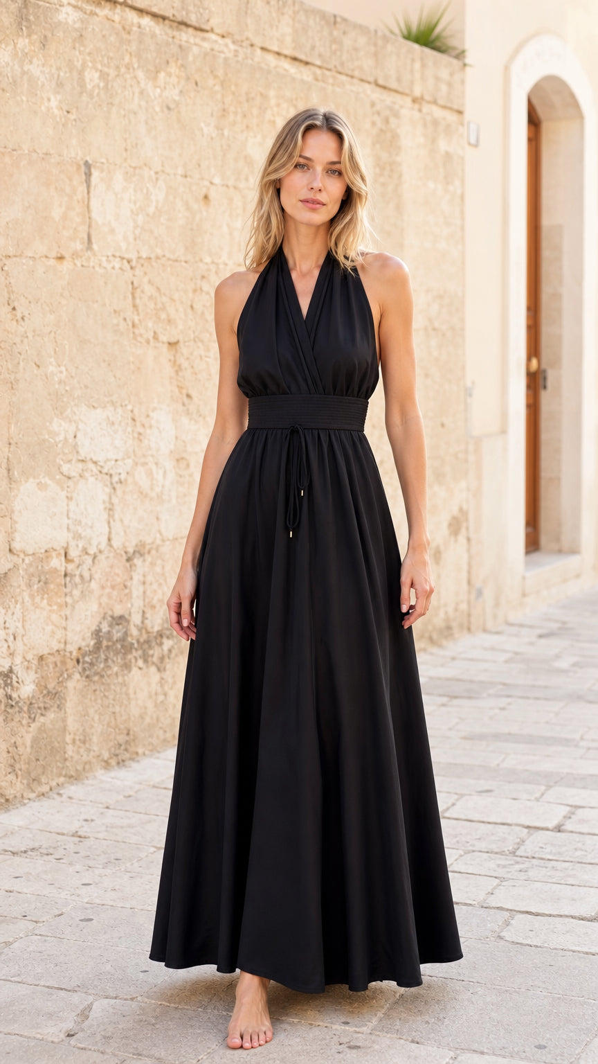 Womens Elegant Halter Neck Backless Maxi Dress with Drawstring Waist