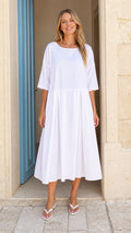 Women's Casual Pleated Midi Dress with Half Sleeves