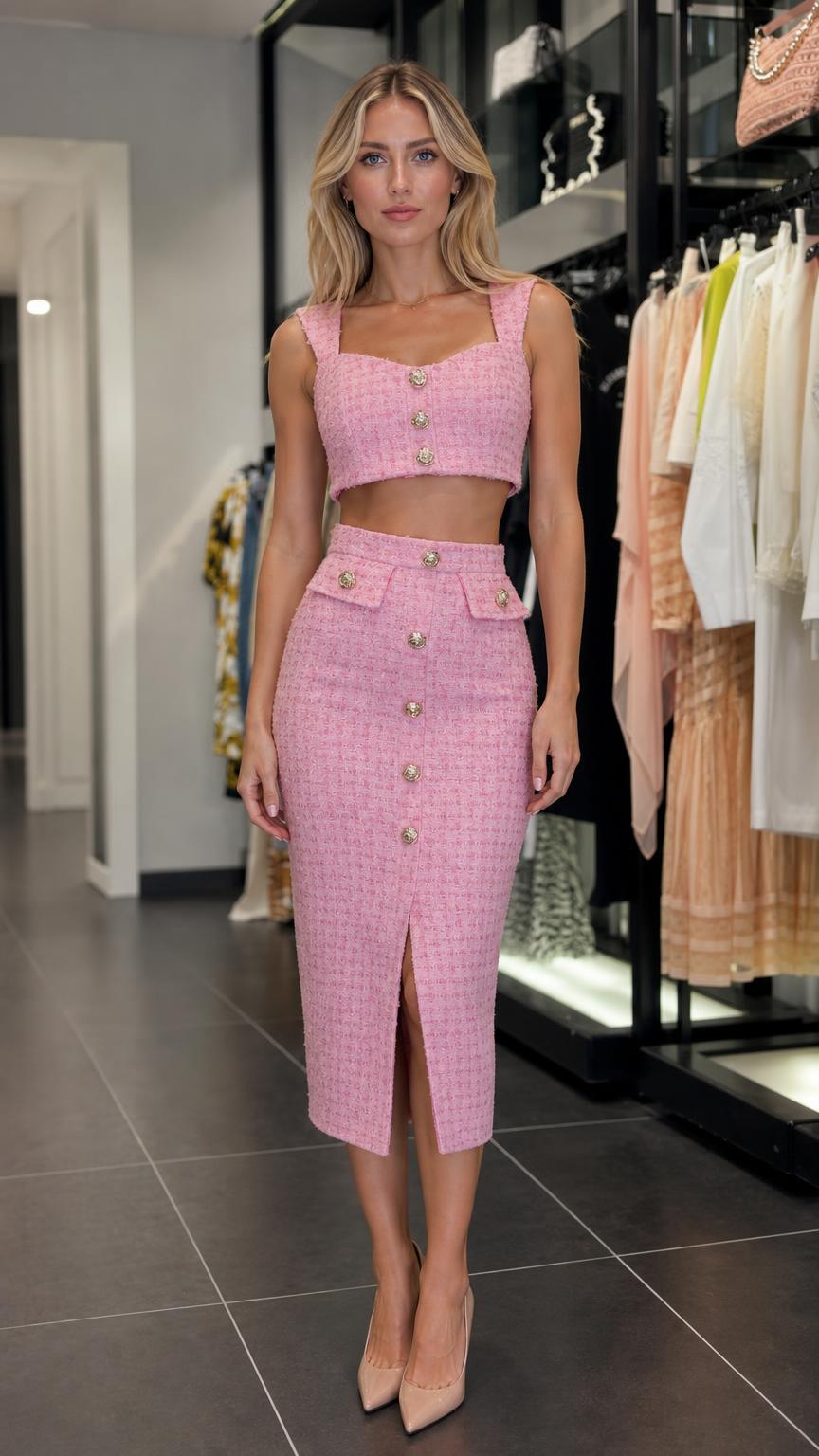 Chic Tweed Crop Top and Midi Skirt Set