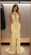 Elegance Halter Neck Beaded Ruffle Maxi Dress