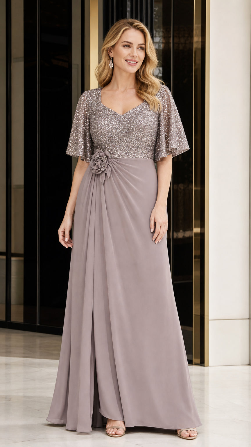 Elegant Sequin V-Neck Flare Sleeve Formal Evening Gown