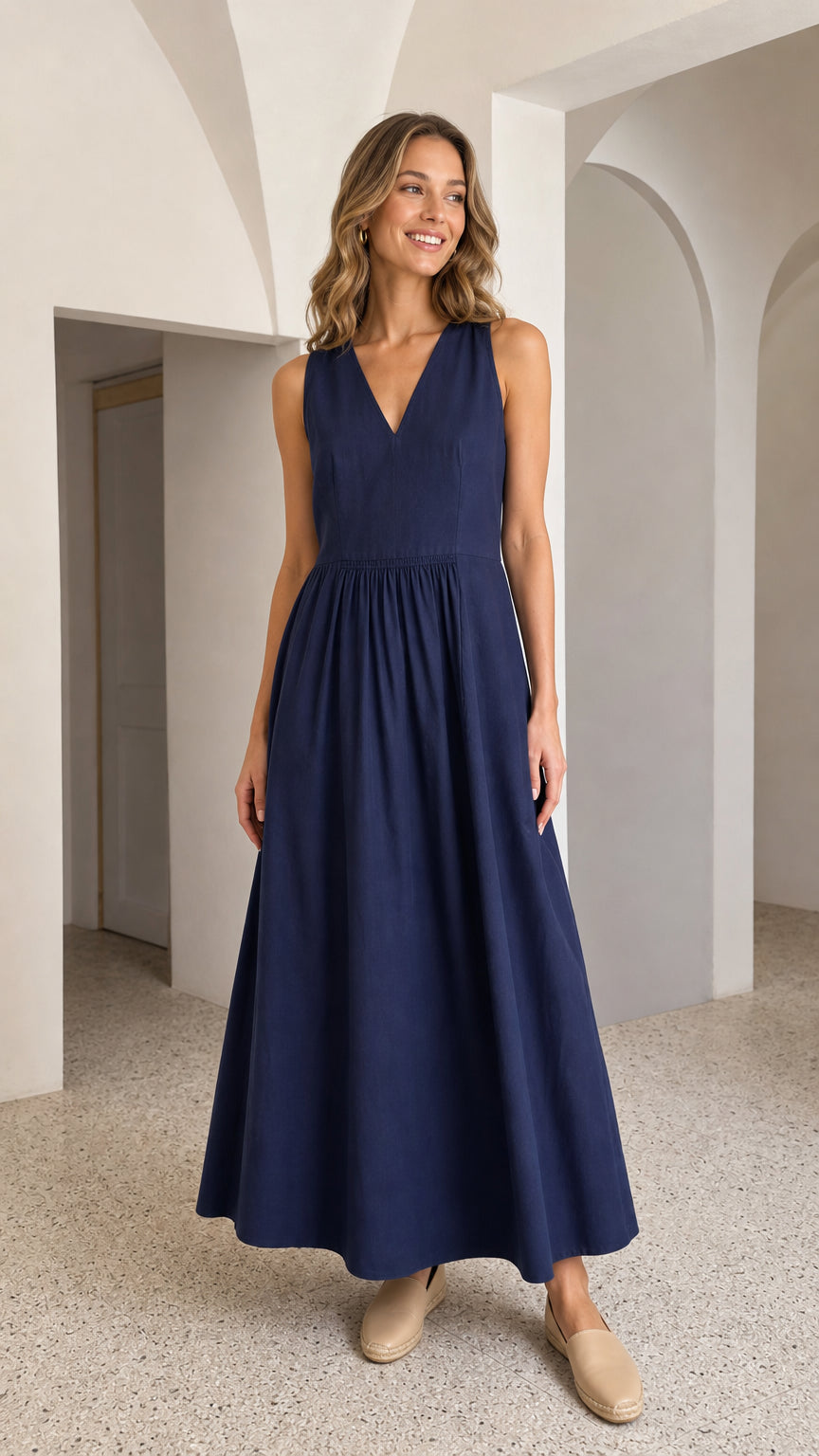 Women's V-Neck Sleeveless Pleated Maxi Dress