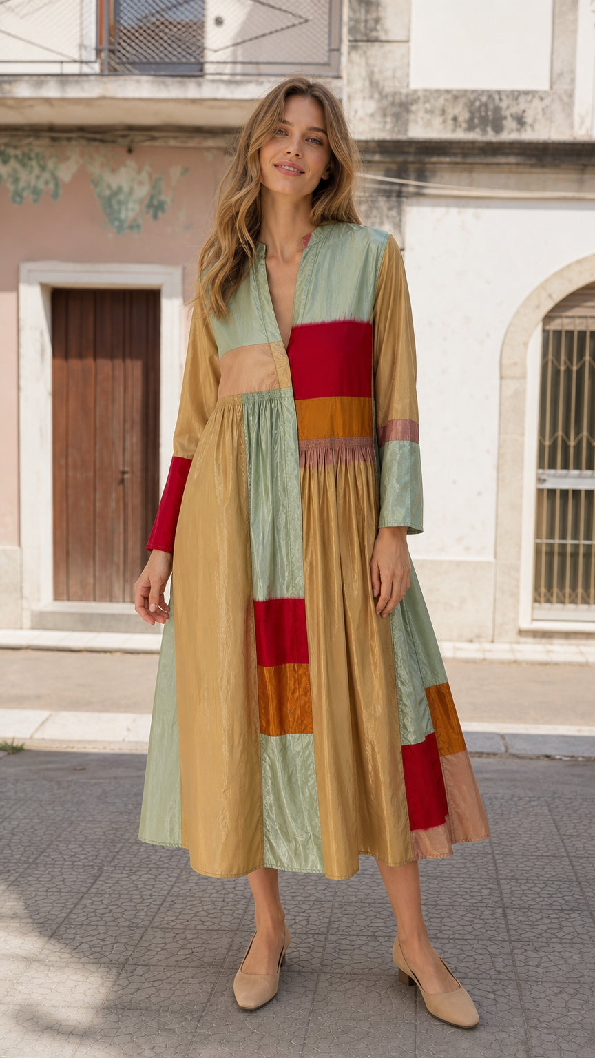 Boho Colorblock Long Sleeve Midi Dress