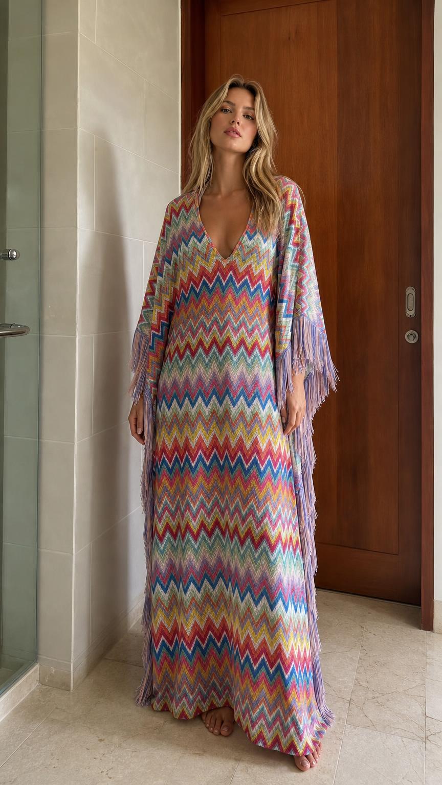 Bohemian Chevron Fringe Maxi Kaftan Dress