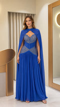 Elegant Embellished Cape Evening Gown with Pleated Skirt