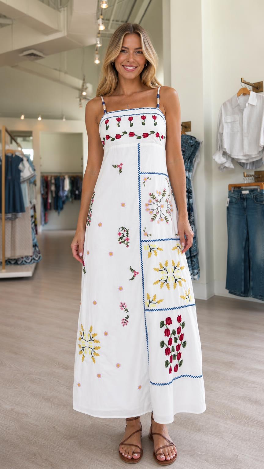 Women's Floral Embroidered Patchwork Spaghetti Strap Maxi Dress