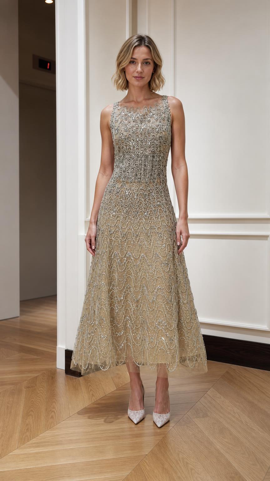 Sequin Beaded Sleeveless A-Line Midi Dress