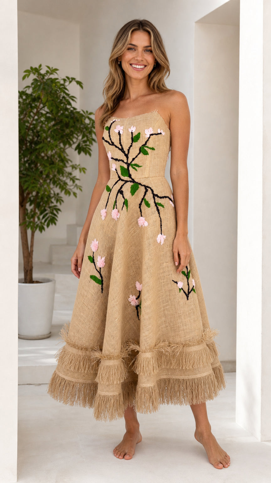 Stunning Embroidered Floral Strapless Midi Dress