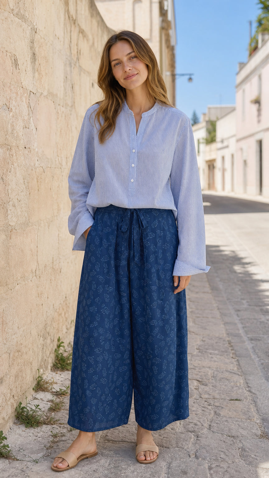 Women's Casual Two-Piece Long Sleeve Blouse and Printed Wide-Leg Pants Set
