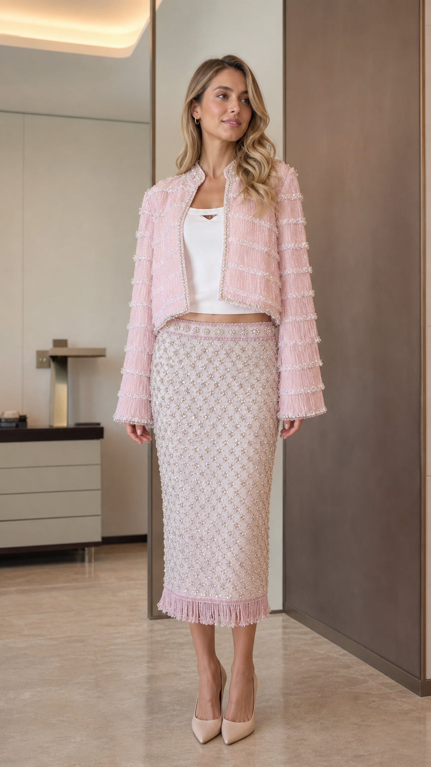 Elegance Tweed Open-Front Crop Jacket & Midi Skirt Set