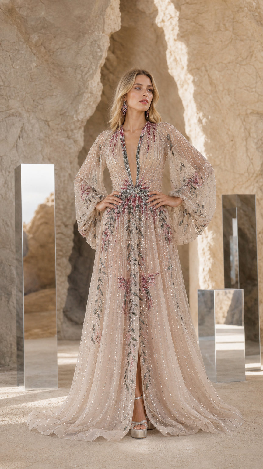 Elegance Embroidered Beaded Long Sleeve Evening Gown