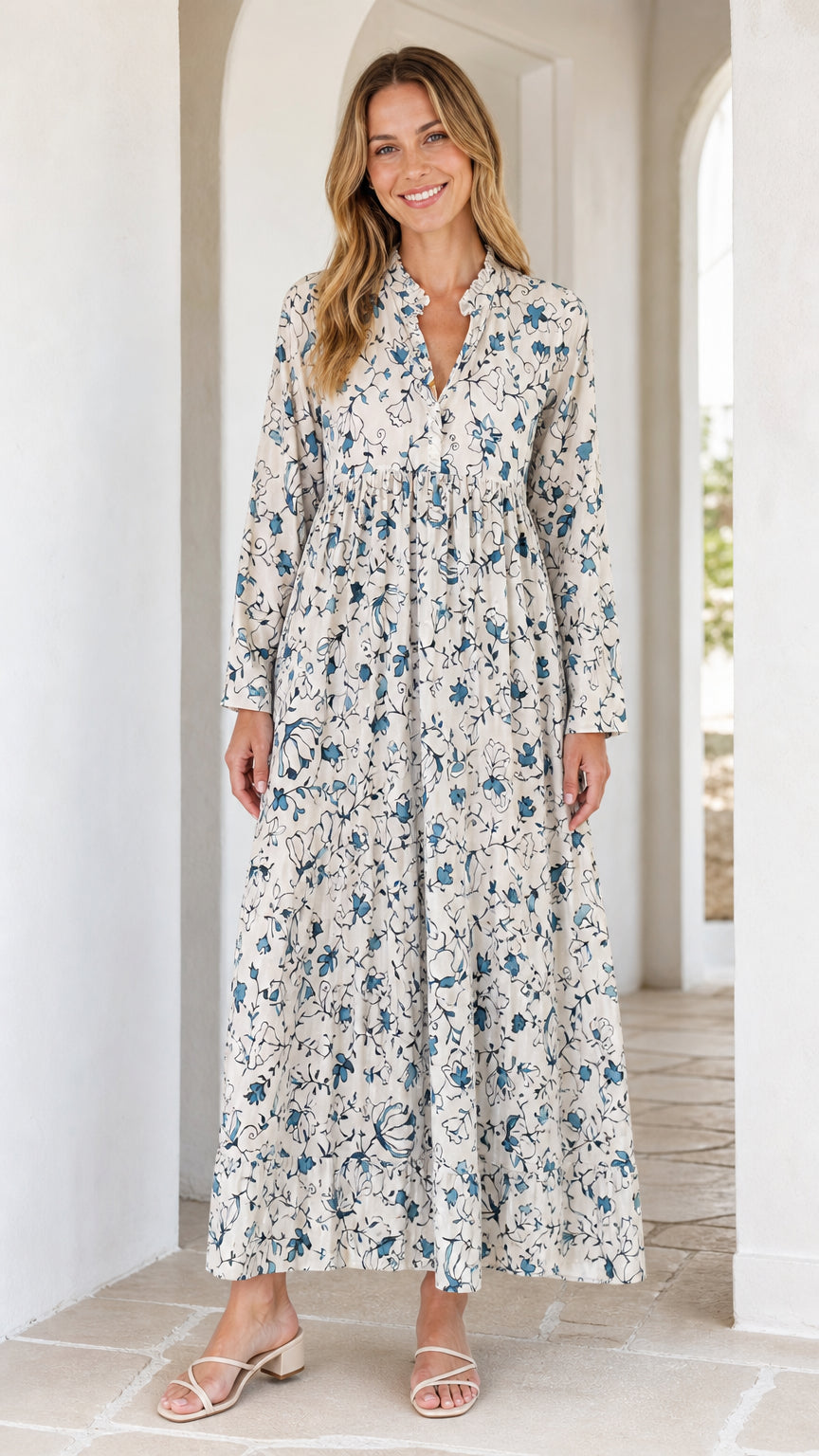 Women's Long Sleeve Floral Print Ruffle Maxi Dress