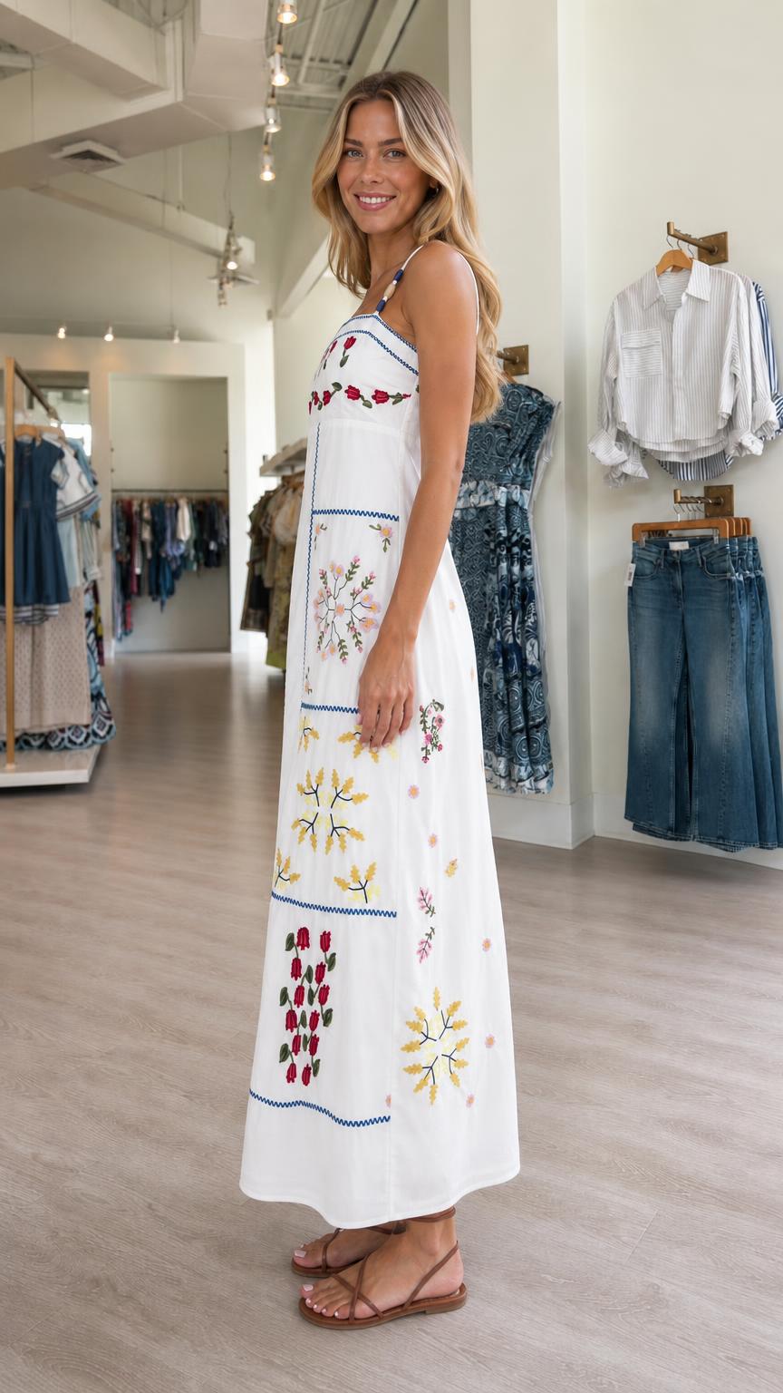 Women's Floral Embroidered Patchwork Spaghetti Strap Maxi Dress