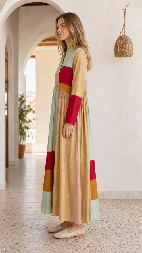 Bohemian Colorblock Long Sleeve Maxi Dress