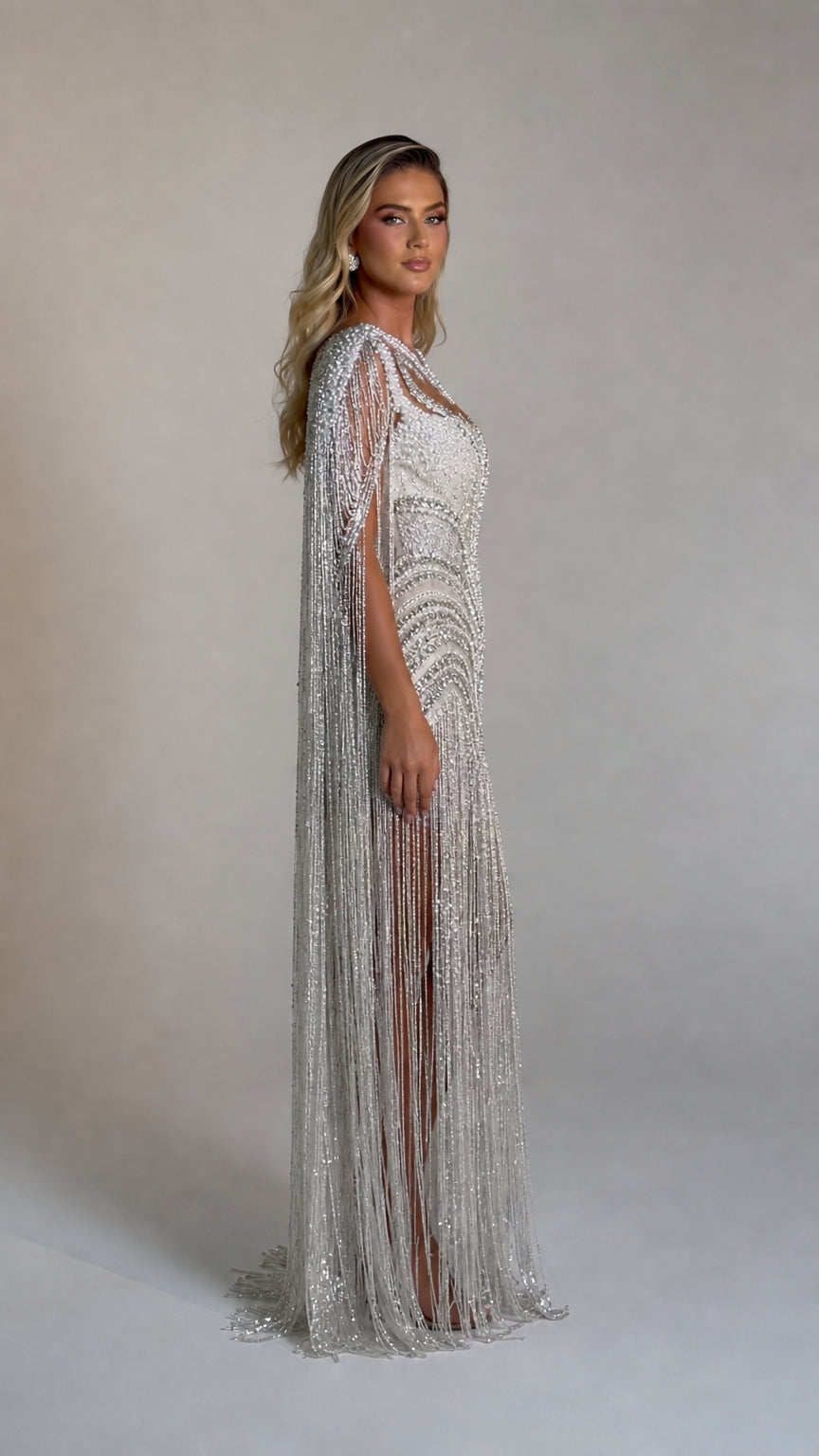 Luminous Beaded Fringe Cape Evening Gown