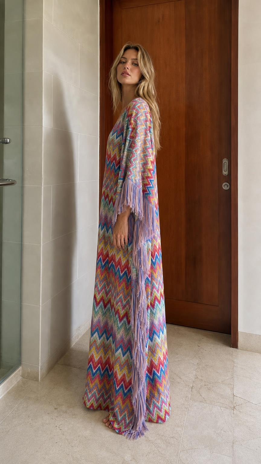 Bohemian Chevron Fringe Maxi Kaftan Dress
