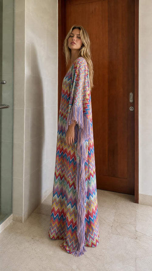 Bohemian Chevron Fringe Maxi Kaftan Dress