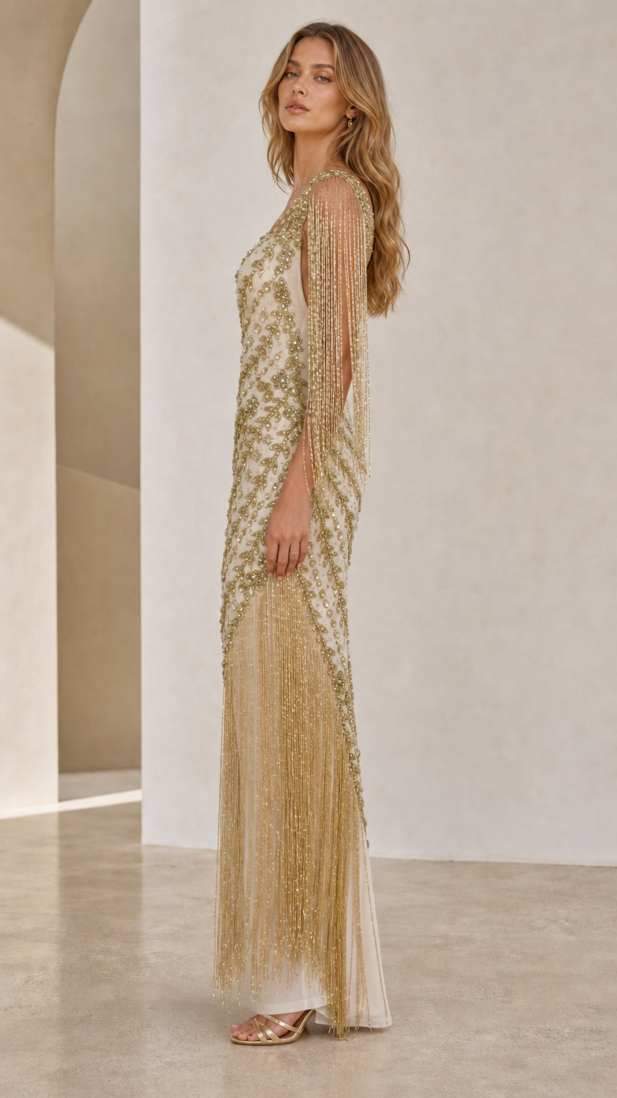 One-Shoulder Beaded Fringe Evening Gown