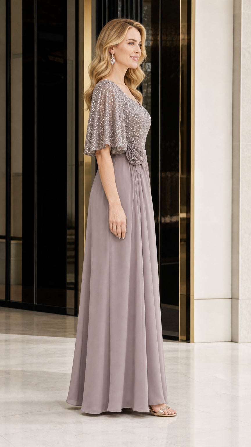 Elegant Sequin V-Neck Flare Sleeve Formal Evening Gown