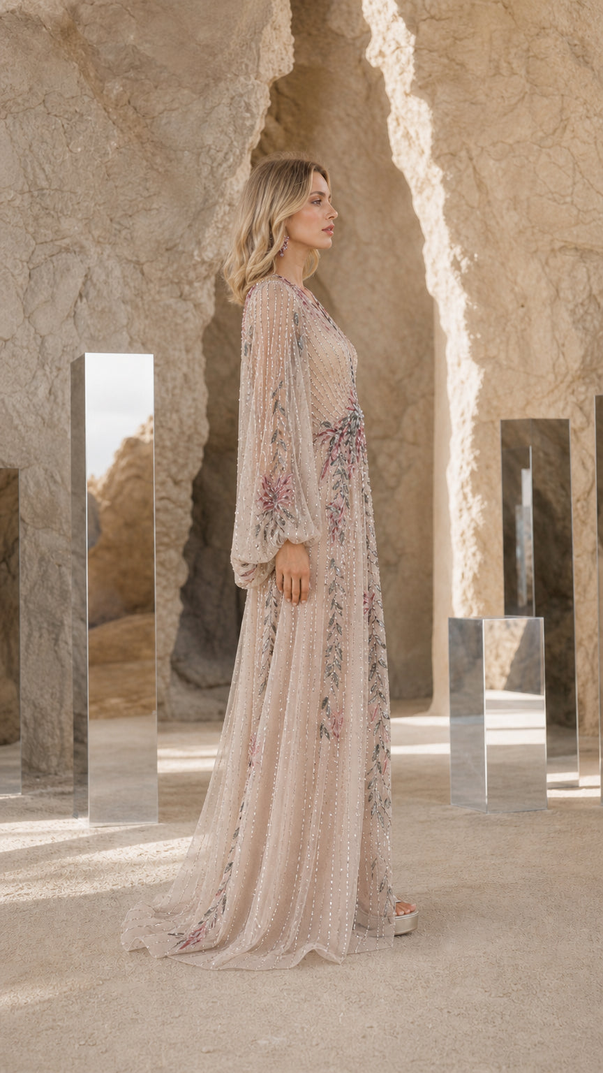 Elegance Embroidered Beaded Long Sleeve Evening Gown