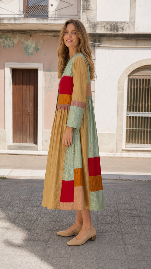 Boho Colorblock Long Sleeve Midi Dress