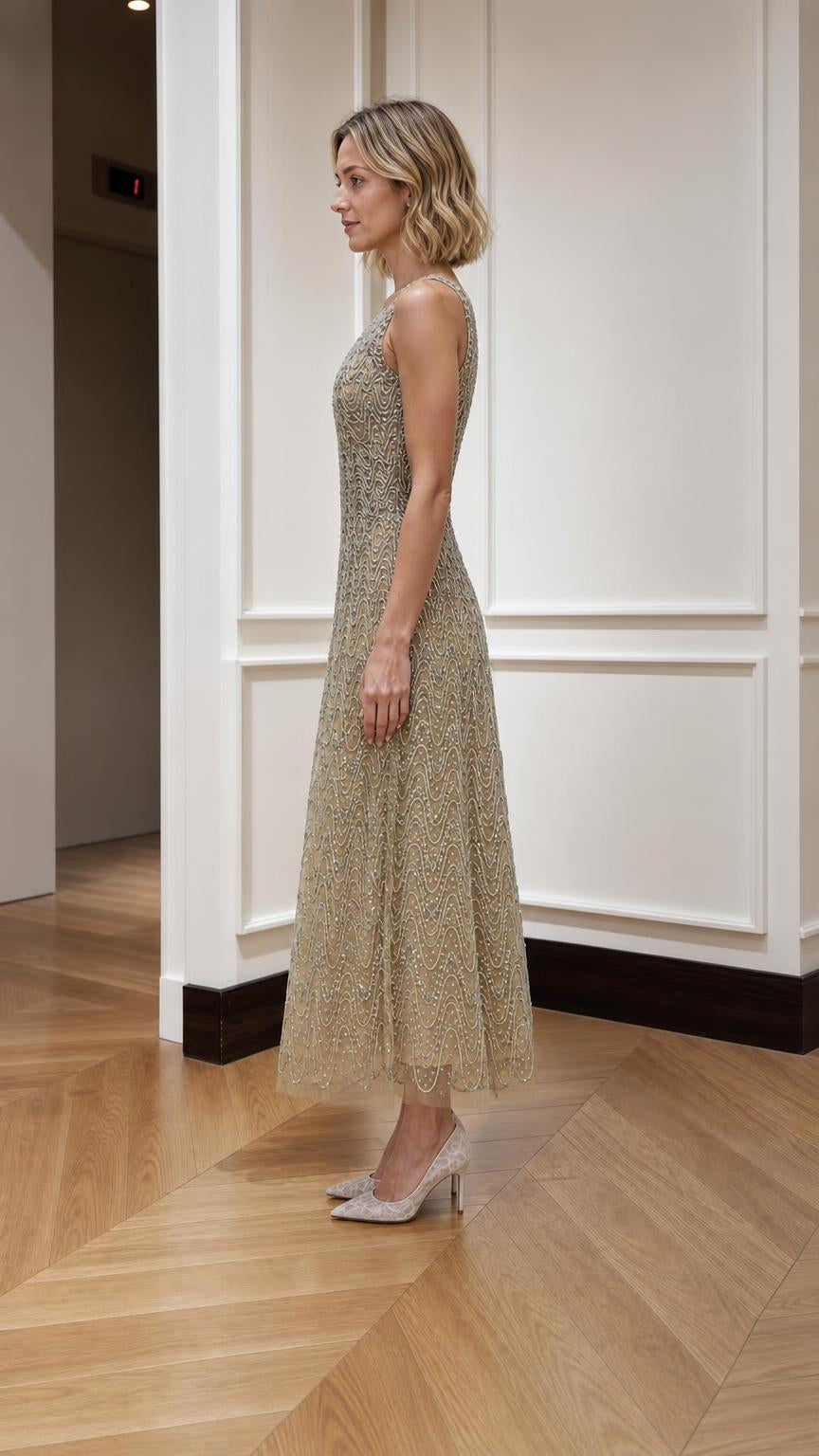 Sequin Beaded Sleeveless A-Line Midi Dress