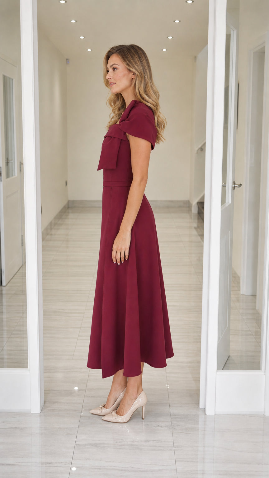Elegance Bow Accent Square Neck Midi Dress