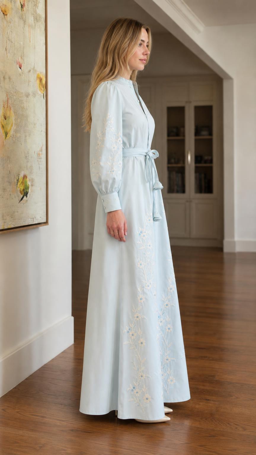 Elegant Floral Embroidered Maxi Shirt Dress with Self-Tie Belt