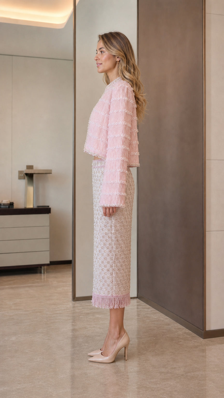 Elegance Tweed Open-Front Crop Jacket & Midi Skirt Set