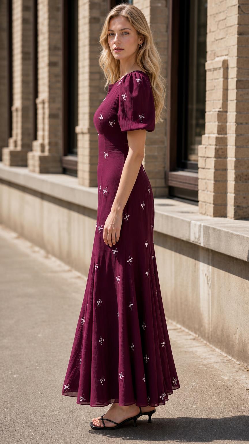 Women's Floral Embroidered Puff Sleeve A-Line Maxi Dress