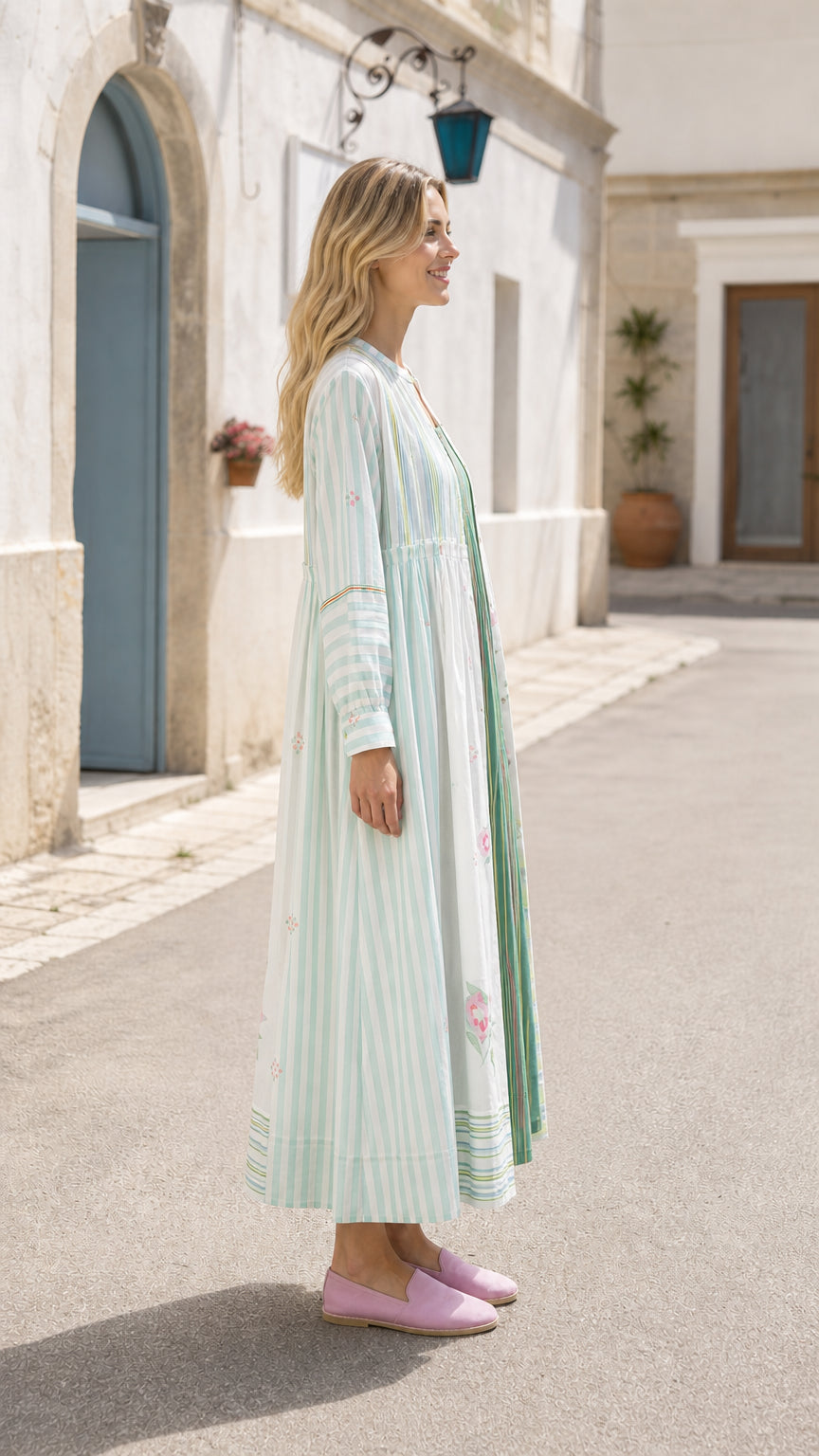 Women's Patchwork Stripe & Floral Long Sleeve Maxi Cardigan Dress Set