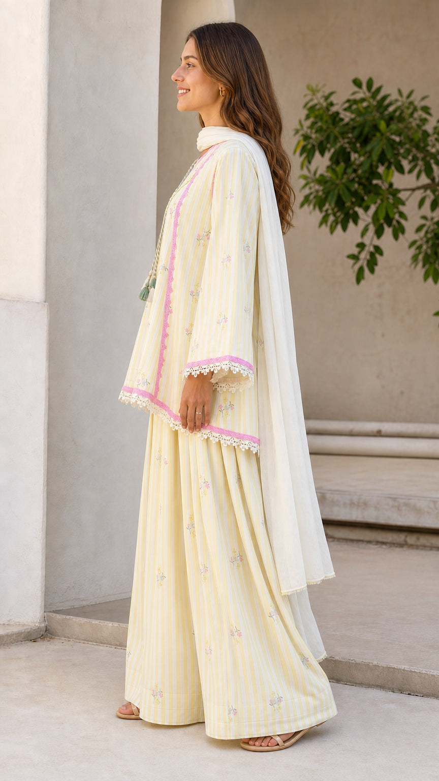 Women's Ethnic Striped Kurti with Sharara and Dupatta Set