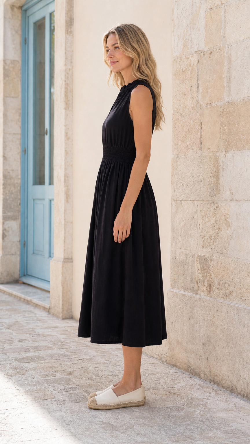 Women's Sleeveless Ruffle Neck Smocked Waist Midi Dress