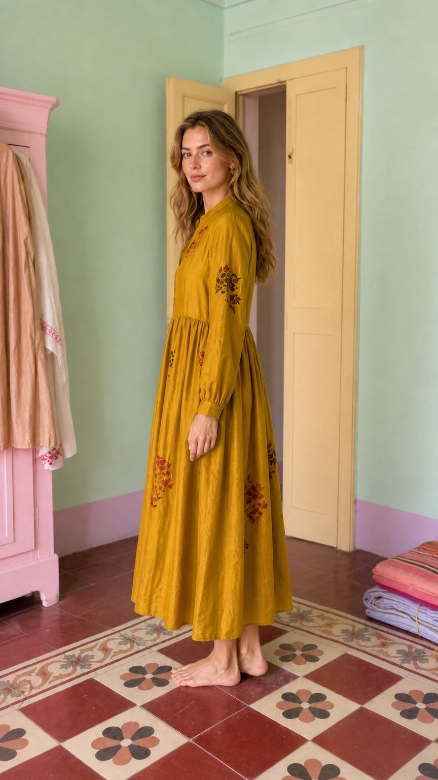 Women's Long-Sleeve Embroidered Midi Dress with Button Front