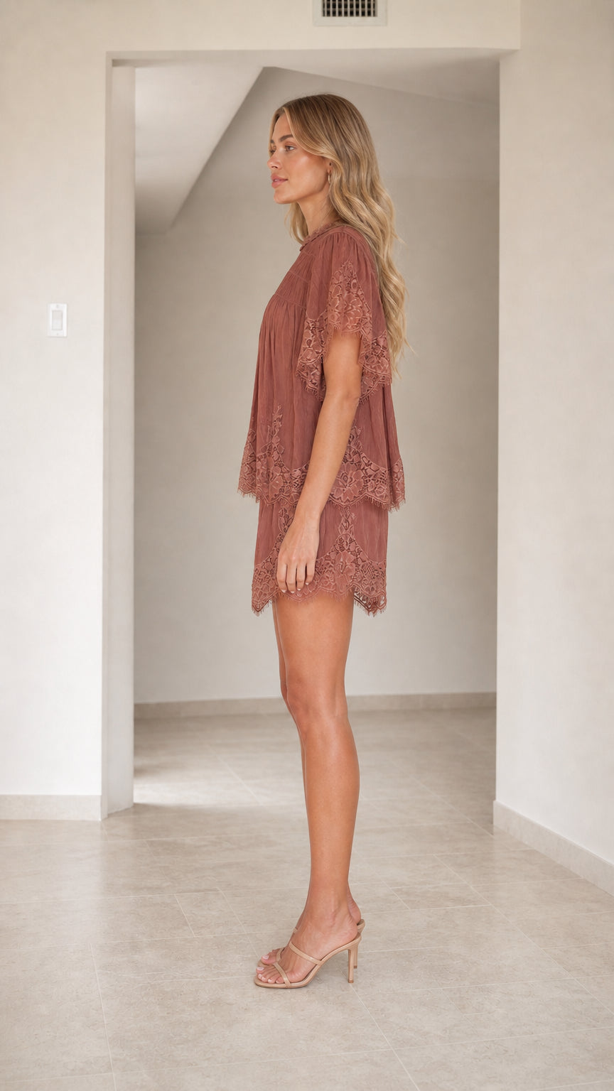 Lace Trimmed Tiered Short Set