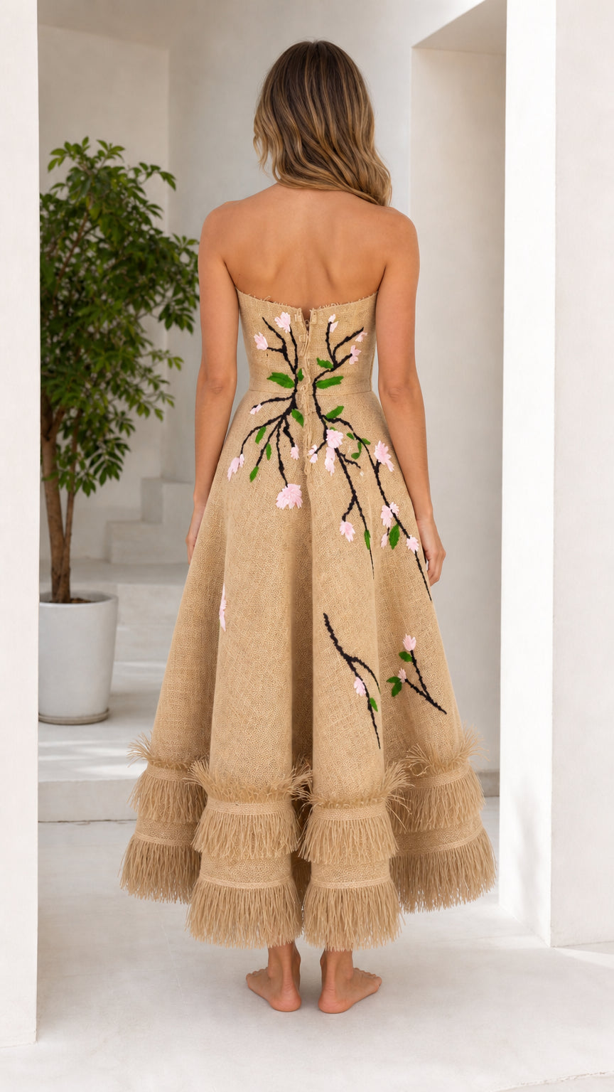 Stunning Embroidered Floral Strapless Midi Dress