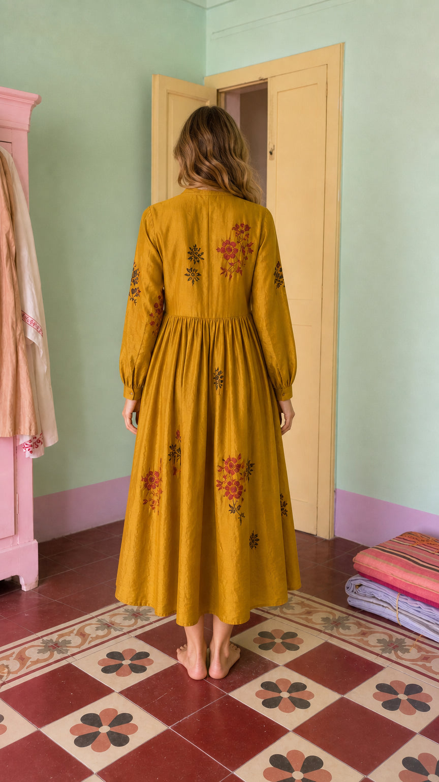 Women's Long-Sleeve Embroidered Midi Dress with Button Front