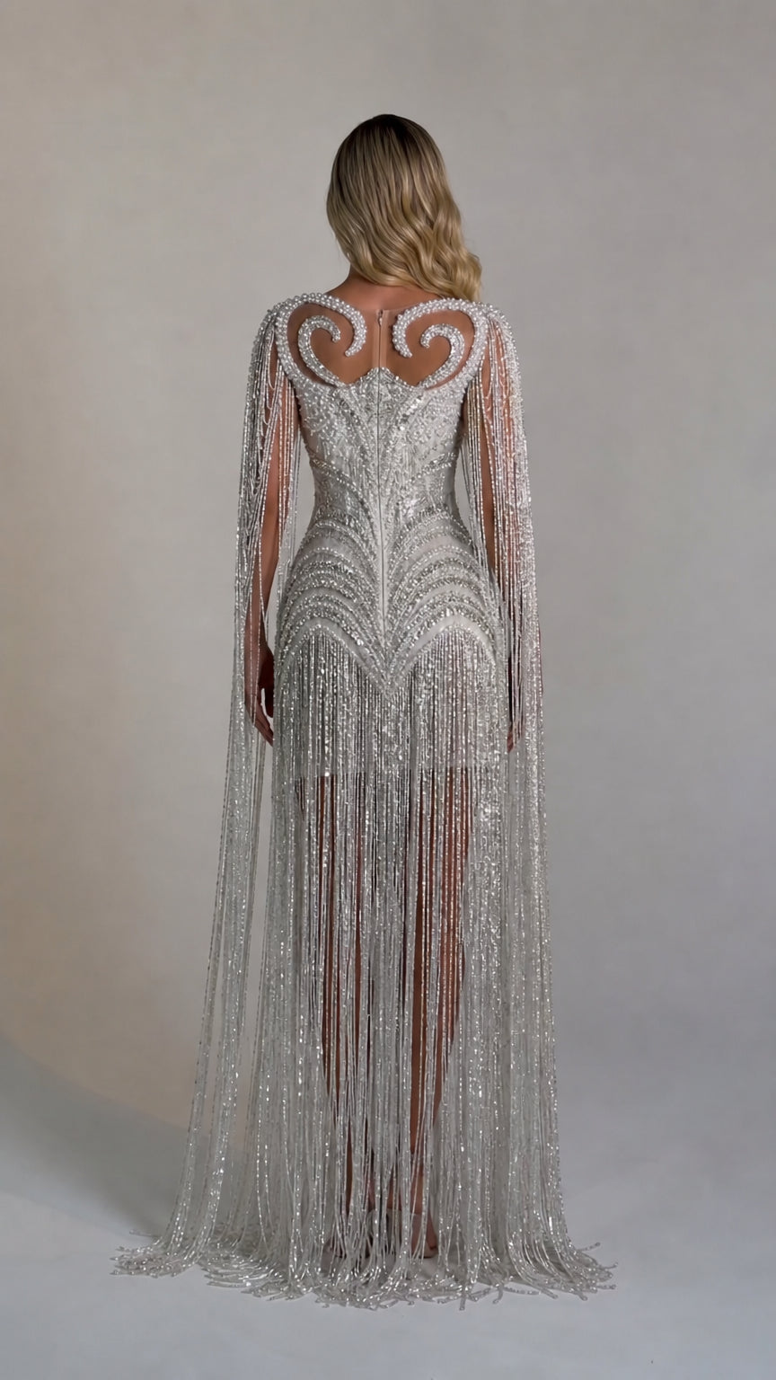 Luminous Beaded Fringe Cape Evening Gown