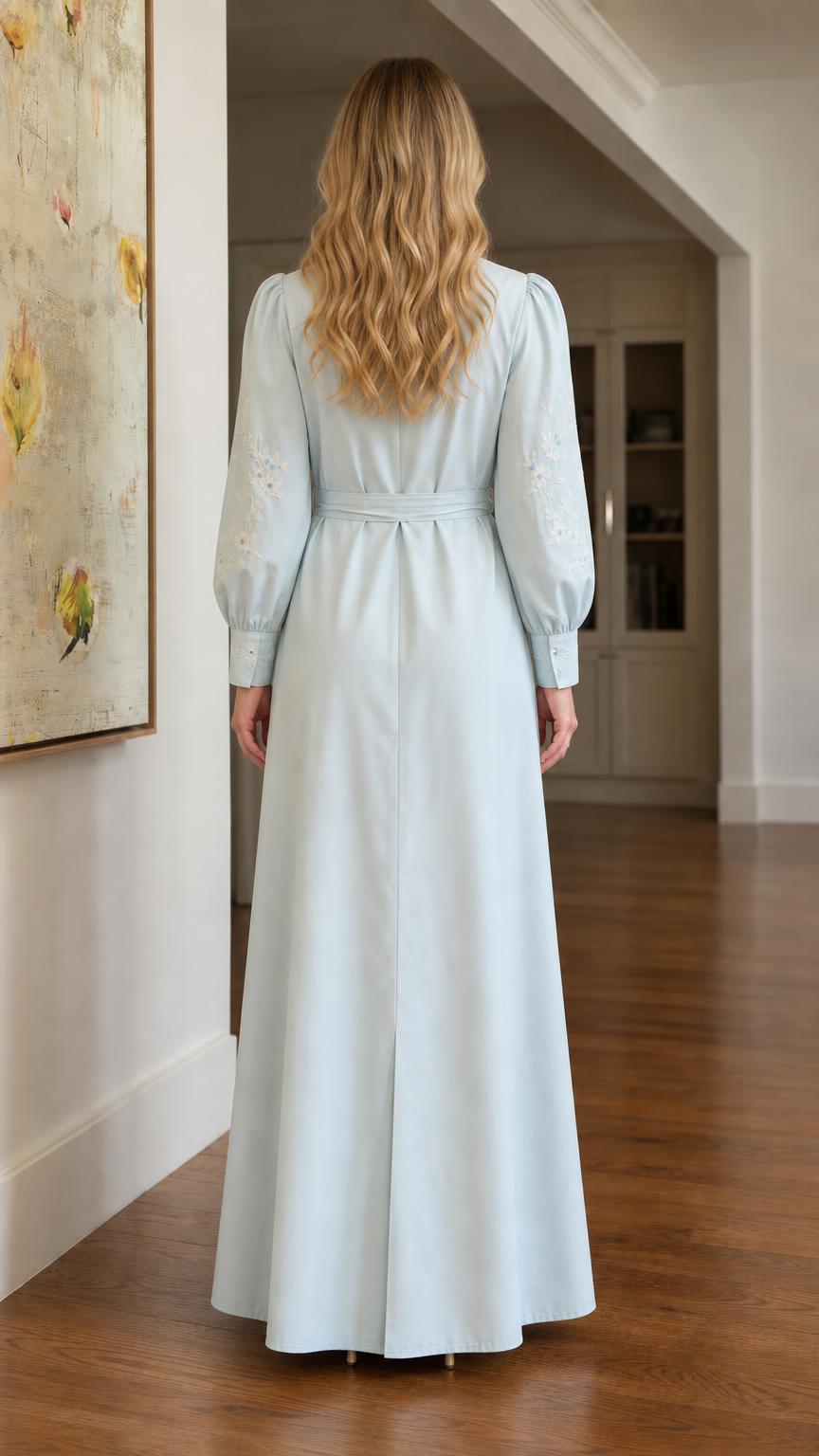 Elegant Floral Embroidered Maxi Shirt Dress with Self-Tie Belt