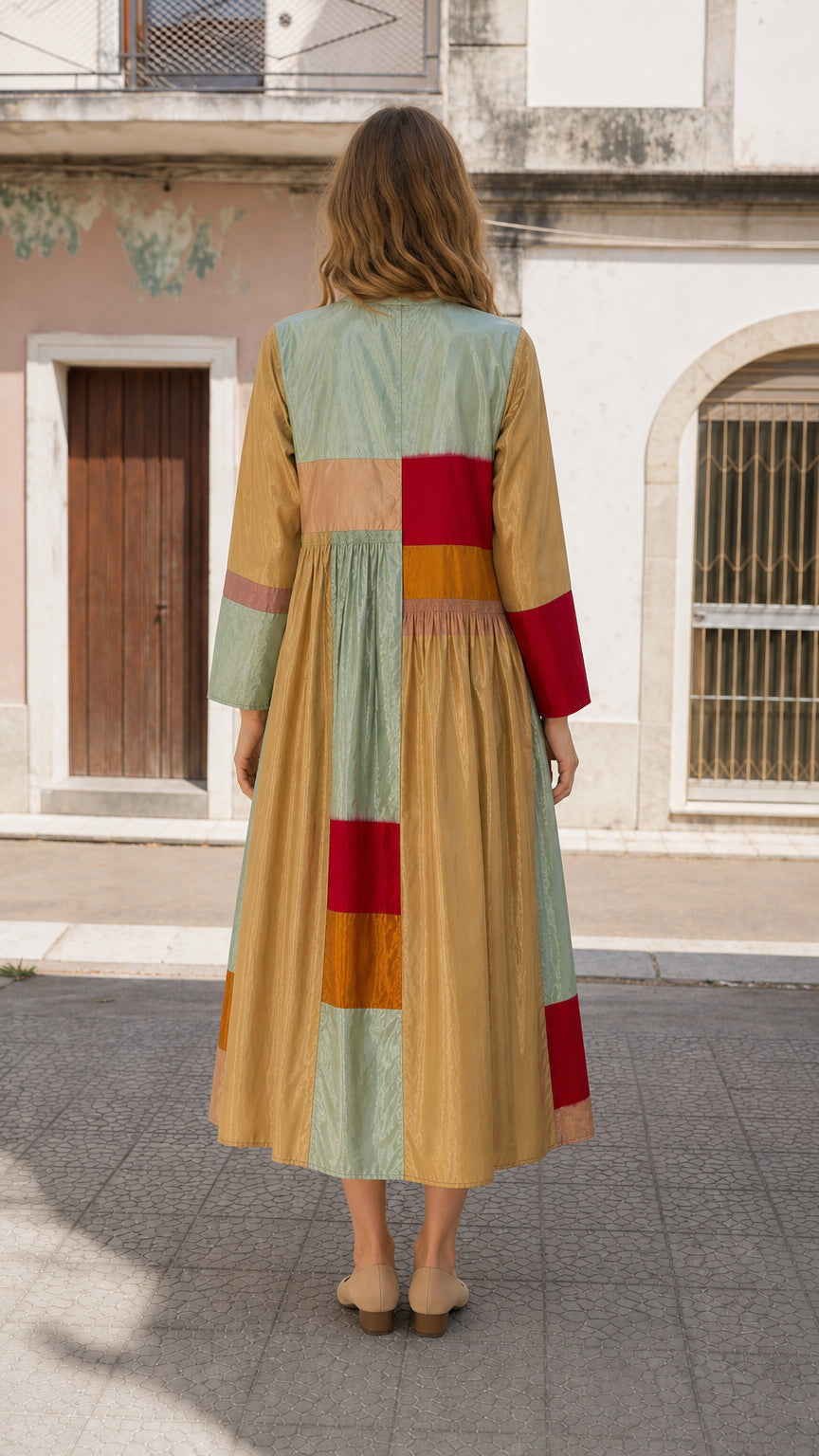 Boho Colorblock Long Sleeve Midi Dress