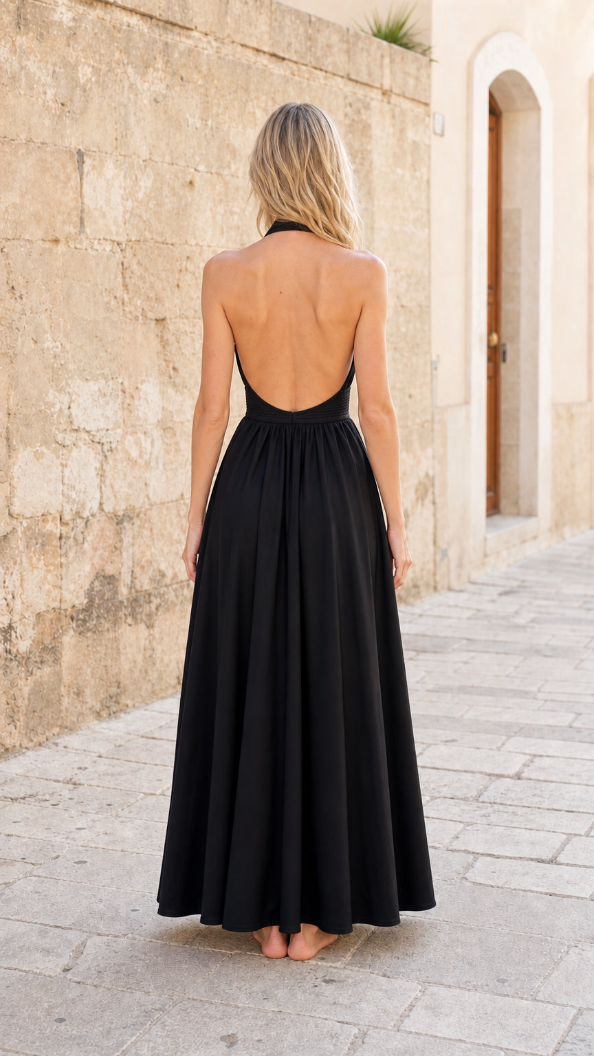 Womens Elegant Halter Neck Backless Maxi Dress with Drawstring Waist